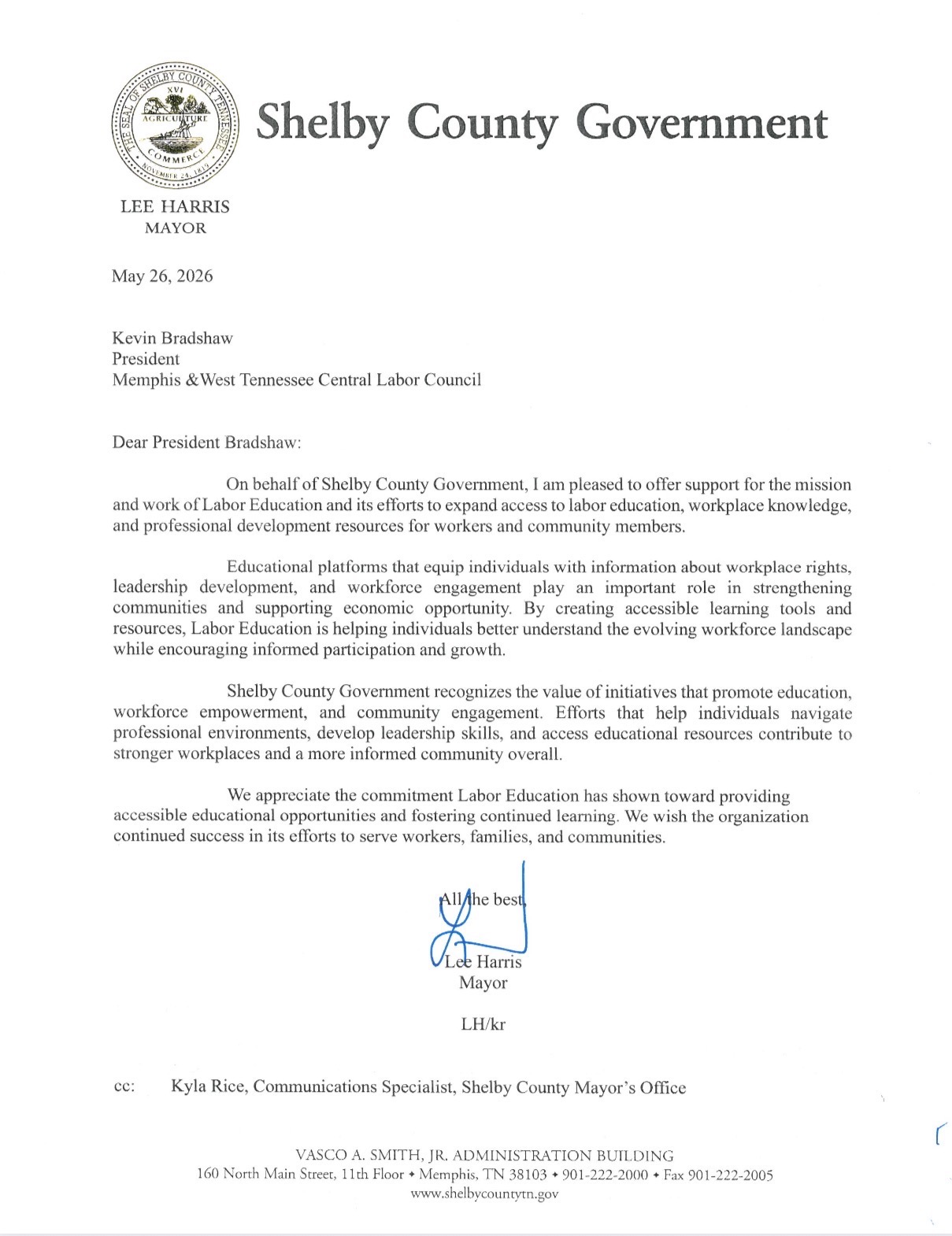 Mayor Lee Harris letter of support
