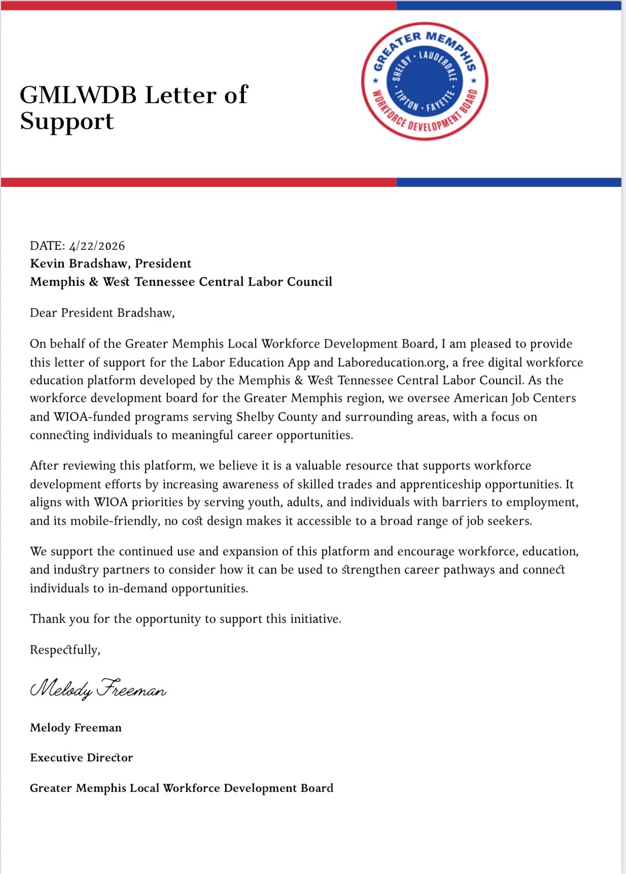 Melody Freeman, Exec. Director letter of support