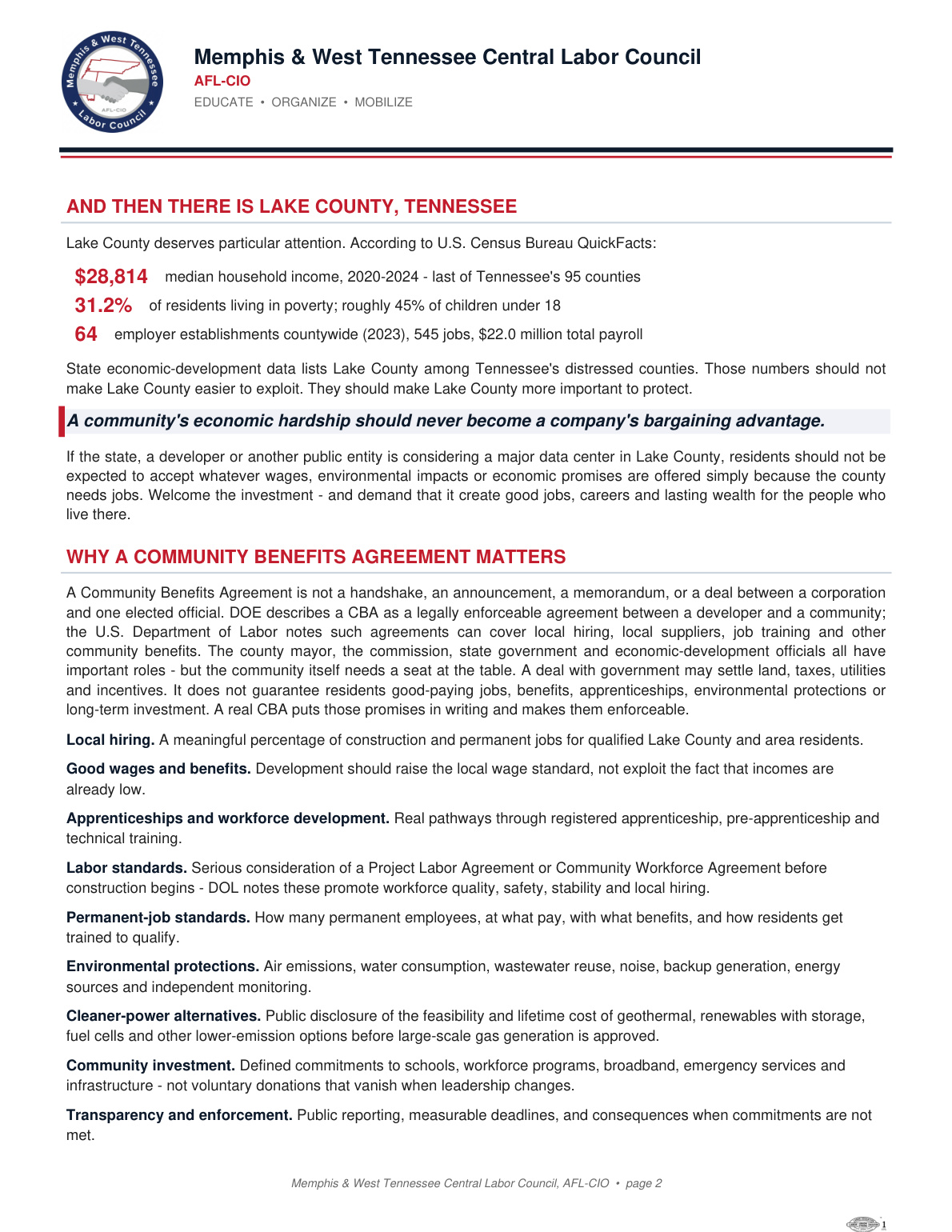 Memphis & West Tennessee CLC statement on data centers — page 2